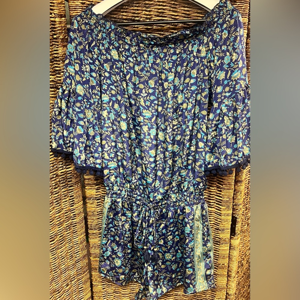 RAGA Vibrant Blue and Green Floral Romper- Anthropologie-‎ Large, Women’s